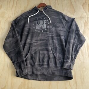 Luke Bryan Hoodie Mens Large Gray Camo Fleece Pullover Flag Graphic Sweatshirt